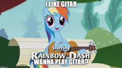 Size: 888x499 | Tagged: bench, caption, cute, derpibooru import, engrish, full house, guitar, image macro, musical instrument, rainbow dash, safe, screencap, sitting, solo, text