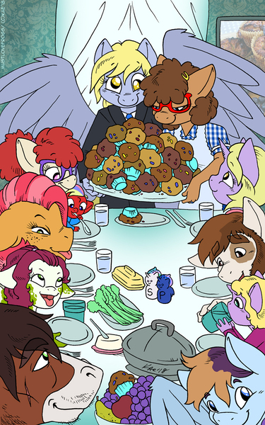 Size: 800x1280 | Tagged: safe, artist:kaemantis, deleted from derpibooru, derpibooru import, babs seed, derpy hooves, dinky hooves, pipsqueak, twist, oc, oc:candy stripe, oc:forever stamp, oc:prettydig, oc:sweet pepper, oc:trissie, anthro, pony, babstwist, baby, baby pony, canon x oc, clothes, dinkysqueak, family, female, fine art parody, food, freedom from want, holiday, lesbian, magical lesbian spawn, male, muffin, norman rockwell, offspring, older, parent:babs seed, parent:dinky hooves, parent:pipsqueak, parent:troubleshoes clyde, parent:twist, parents:babstwist, parents:dinkysqueak, salt shaker, shipping, straight, suit, thanksgiving