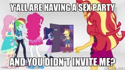 Size: 600x337 | Tagged: suggestive, derpibooru import, edit, edited screencap, screencap, applejack, fluttershy, pinkie pie, rainbow dash, sci-twi, sunset shimmer, twilight sparkle, equestria girls, equestria girls series, rollercoaster of friendship, caption, clothes, converse, door, geode of super speed, geode of super strength, image macro, implied sex, magical geodes, shoes, text, vulgar, walls