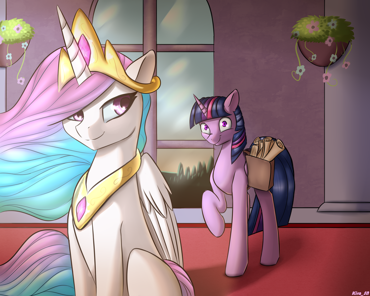 Size: 2500x2000 | Tagged: safe, artist:kirasunnight, derpibooru import, princess celestia, twilight sparkle, twilight sparkle (alicorn), alicorn, pony, bag, carpet, crown, duo, female, flower, horn, jewelry, mare, peytral, red carpet, regalia, saddle bag, scroll, she knows, signature, smiling, teacher and student, window, wings