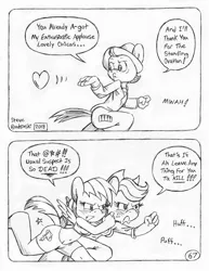 Size: 849x1100 | Tagged: anthro, applejack, artist:circe, black and white, blowing a kiss, blushing, breasts, censored vulgarity, chico marx, comic, comic:soreloser, derpibooru import, grawlixes, grayscale, marx brothers, monochrome, rainbow dash, safe, this will end in death, traditional art, unguligrade anthro