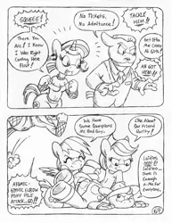 Size: 849x1100 | Tagged: anthro, applejack, artist:circe, black and white, breasts, chico marx, collar, comic, comic:soreloser, derpibooru import, ear piercing, earring, fishnets, grayscale, jewelry, marx brothers, monochrome, oc, oc:gothy moon, piercing, piledriver, pony pile, rainbow dash, safe, this will end in pain, traditional art, unguligrade anthro