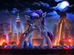 Size: 3140x2336 | Tagged: safe, artist:atlas-66, derpibooru import, oc, oc:herpy, oc:swirple, unofficial characters only, pegasus, pony, airship, chrysler building, city, cloud, crying, crystaller building, empire state building, eyes closed, full moon, high res, lavender spirit, lights, manehattan, moon, night, pony (sony), rearing, scp foundation, skyscraper, tears of joy