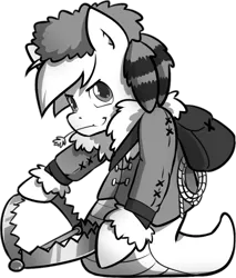 Size: 775x908 | Tagged: artist:secret-pony, backpack, bear trap, black and white, buck legacy, card art, clothes, coonskin cap, derpibooru import, determined, grayscale, lamia, looking at you, monochrome, oc, original species, rope, safe, simple background, snake, snake pony, solo, transparent background, trap (device), unofficial characters only, winter outfit