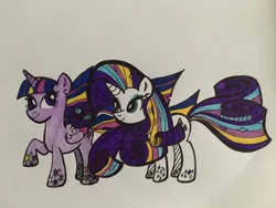 Size: 1024x768 | Tagged: alicorn, artist:aperaturescience, derpibooru import, female, lesbian, rainbow power, rarilight, rarilightbomb, rarity, safe, shipping, traditional art, twilight sparkle, twilight sparkle (alicorn)