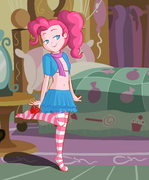 Size: 804x975 | Tagged: suggestive, derpibooru import, edit, pinkie pie, equestria girls, bed, belly button, breasts, clothes, dressup, dressup game, flash game, image, magical friends, missing shoes, no bra underneath, panties, panties around leg, png, socks, striped socks, sugarcube corner, underwear