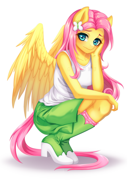 Size: 2480x3507 | Tagged: anthro, artist:gyuumu, clothes, derpibooru import, equestria girls outfit, female, fluttershy, looking at you, mare, pegasus, plantigrade anthro, safe, simple background, skirt, solo, tanktop, transparent background, watermark