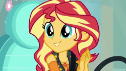 Size: 480x270 | Tagged: safe, derpibooru import, screencap, fluttershy, sunset shimmer, driving miss shimmer, equestria girls, equestria girls series, animated, cute, driving miss shimmer: fluttershy, excited, faic, female, fluttershy's car, frown, geode of empathy, geode of fauna, gif, magical geodes, rekt, shimmerbetes, steering wheel
