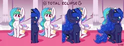 Size: 4096x1536 | Tagged: safe, artist:dsp2003, derpibooru import, princess celestia, princess luna, alicorn, pony, :3, :p, alicorn eclipse, behaving like a cat, blushing, cheek fluff, chest fluff, chibi, colored pupils, cute, cutelestia, dsp2003 is trying to murder us, duo, ear fluff, eclipse, female, hnnng, looking at you, lunabetes, mare, meme, missing accessory, one eye closed, ponified meme, royal sisters, signature, silly, sitting, smiling, solar eclipse, sparkles, starry eyes, tongue out, weapons-grade cute, wingding eyes, wink