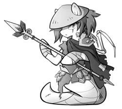 Size: 1612x1437 | Tagged: armor, armor skirt, artist:secret-pony, bandage, black and white, buck legacy, card art, cloak, clothes, derpibooru import, determined, eyelashes, eye scar, female, grayscale, hat, kasa, lamia, looking at you, monochrome, oc, original species, princess, rope, safe, scar, simple background, skirt, slit eyes, solo, spear, spikes, transparent background, unofficial characters only, weapon