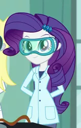 Size: 495x779 | Tagged: safe, derpibooru import, screencap, rarity, a queen of clubs, equestria girls, equestria girls series, arm behind back, clothes, cropped, female, goggles, lab coat, smiling