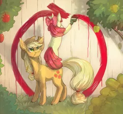 Size: 1289x1200 | Tagged: safe, artist:mequiloano, derpibooru import, apple bloom, applejack, earth pony, pony, adorabloom, apple, apple tree, back, bipedal, bipedal leaning, bow, cheek fluff, cowboy hat, cute, duo, ear fluff, female, filly, fluffy, food, grass, hair bow, hat, hoof hold, leaning, looking back, looking up, mare, on top, paint, paintbrush, painting, ponies riding ponies, riding, siblings, sisters, smiling, standing, stetson, straw in mouth, tree