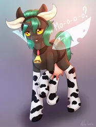 Size: 1620x2160 | Tagged: artist:cornelia_nelson, bell, changeling, changepony, clothes, commission, cosplay, costume, cow, cow pony, cowprint, cute, derpibooru import, hybrid, oc, oc:04, safe, socks, solo, stockings, thigh highs, udder, unofficial characters only, ych result