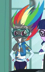 Size: 591x952 | Tagged: safe, derpibooru import, screencap, rainbow dash, sci-twi, twilight sparkle, a queen of clubs, equestria girls, equestria girls series, clothes, female, geode of super speed, hoodie, magical geodes, offscreen character, pants