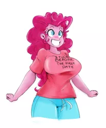 Size: 890x1069 | Tagged: suggestive, artist:hippik, artist:reiduran, color edit, derpibooru import, edit, pinkie pie, human, equestria girls, big breasts, bouncing, bouncing breasts, breasts, busty pinkie pie, clothes, colored, crazy face, faic, female, grin, humanized, implied sex, pants, shirt, simple background, smiling, solo, solo female, squee, subtle as a train wreck, sweatpants, t shirt design, vulgar, white background