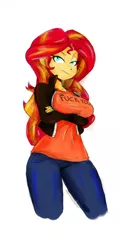 Size: 514x1069 | Tagged: suggestive, artist:hippik, artist:reiduran, color edit, derpibooru import, edit, sunset shimmer, human, equestria girls, annoyed, breasts, busty sunset shimmer, clothes, colored, female, frown, fuck you, glare, humanized, jacket, jeans, lidded eyes, looking at you, pants, raised eyebrow, shirt, simple background, solo, solo female, sunset shimmer is not amused, t shirt design, unamused, vulgar, white background