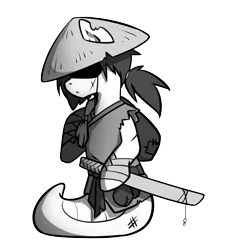 Size: 950x1050 | Tagged: artist:secret-pony, bandage, bindle, black and white, buck legacy, card art, clothes, derpibooru import, grayscale, japanese, kasa, katana, lamia, male, monochrome, oc, original species, ponytail, ronin, safe, scar, simple background, solo, sword, torn ear, transparent background, tunic, unofficial characters only, weapon