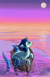 Size: 1234x1920 | Tagged: safe, artist:kovoranu, derpibooru import, oc, monster pony, original species, pony, sea pony, shark, shark pony, alcohol, boat, monster mare, moon, moonshine, solo