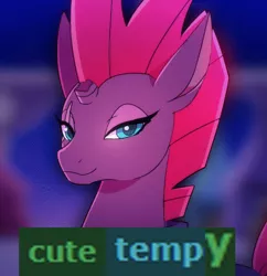 Size: 522x540 | Tagged: safe, artist:renciel, derpibooru import, edit, tempest shadow, pony, unicorn, derpibooru, my little pony: the movie, armor, broken horn, caption, cropped, cute, expand dong, exploitable meme, eye scar, female, horn, image macro, looking at you, mare, meme, meta, scar, smiling, solo, tags, tempestbetes, tempy, text, when she smiles