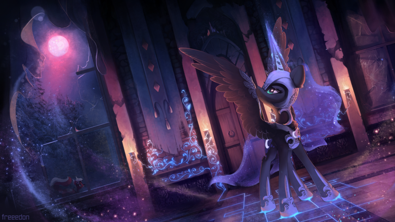 Size: 4000x2250 | Tagged: safe, artist:freeedon, derpibooru import, nightmare moon, alicorn, pony, broken window, female, glowing horn, horn, jewelry, looking back, magic, magic aura, mare, moon, regalia, solo, spread wings, window, wings