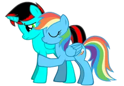 Size: 1470x1027 | Tagged: safe, artist:jawsandgumballfan24, derpibooru import, rainbow dash, oc, oc:jawsandgumballfan24, alicorn, pegasus, pony, pony creator, alicorn oc, canon x oc, comforting, eyes closed, female, horn, hug, male, sad, shipping, straight, vector, wings