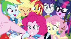 Size: 1596x888 | Tagged: safe, derpibooru import, screencap, applejack, fluttershy, pinkie pie, rainbow dash, rarity, sci-twi, sunset shimmer, twilight sparkle, eqg summertime shorts, equestria girls, monday blues, cropped, faic, feet, geode of fauna, group photo, humane five, humane seven, humane six, magical geodes, photo, selfie, toes
