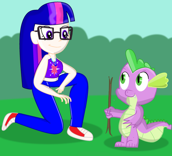 Size: 2072x1879 | Tagged: safe, artist:grapefruitface1, derpibooru import, spike, twilight sparkle, equestria girls, clothes, converse, fetch, grass, jeans, looking at each other, pants, park, request, requested art, shoes, stick, trainers