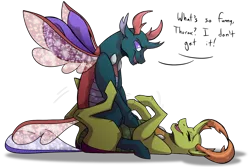 Size: 1800x1200 | Tagged: artist:percy-mcmurphy, brotherly love, brothers, changedling, changedling brothers, changeling, cute, derpibooru import, dialogue, king thorax, male, misleading thumbnail, pharybetes, pharynx, prince pharynx, safe, siblings, sitting on person, thorabetes, thorax, tickling