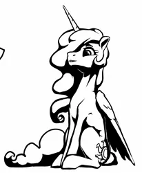 Size: 1074x1301 | Tagged: safe, artist:nadnerbd, derpibooru import, princess celestia, alicorn, pony, black and white, female, grayscale, hair over one eye, mare, minimalist, missing accessory, modern art, monochrome, simple background, white background