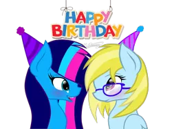 Size: 2732x2048 | Tagged: safe, artist:dawnshine, derpibooru import, oc, oc:cloud cuddler, oc:dawn, oc:dawnshine, unofficial characters only, pegasus, pony, birthday, blushing, cute, female, gift art, glasses, happy birthday, hat, open mouth, party hat, simple background, transparent background