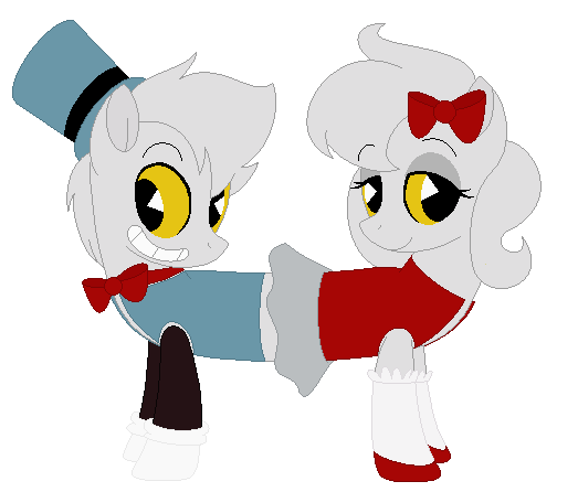 Size: 523x446 | Tagged: safe, artist:eggi-myst3ry, artist:selenaede, derpibooru import, ponified, earth pony, pony, base used, bow, bowtie, clothes, conjoined, conjoined twins, crossover, cuphead, gloves, hair bow, hat, pacman eyes, pip & dot, shoes, simple background, studio mdhr, transparent background