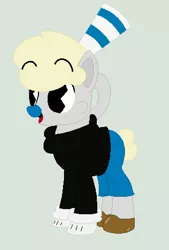 Size: 330x488 | Tagged: safe, artist:eggi-myst3ry, artist:selenaede, derpibooru import, ponified, earth pony, pony, base used, clothes, crossover, cuphead, gloves, mugman, pacman eyes, shoes, straw, studio mdhr
