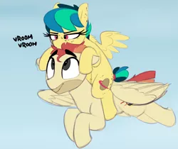 Size: 1736x1455 | Tagged: safe, artist:shinodage, derpibooru import, oc, oc:apogee, oc:jet stream, unofficial characters only, pegasus, pony, cute, daaaaaaaaaaaw, diageetes, duo, father and child, father and daughter, female, filly, flying, freckles, male, ocbetes, ponies riding ponies, riding, stallion, vroom vroom