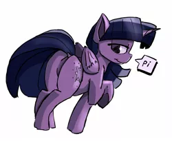 Size: 1545x1269 | Tagged: safe, alternate version, artist:post-it, color edit, derpibooru import, edit, twilight sparkle, twilight sparkle (alicorn), alicorn, pony, butt, colored, digital art, featureless crotch, female, looking at you, looking back, mare, misleading thumbnail, plot, raised hoof, simple background, smiling, solo, white background