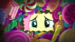 Size: 1440x810 | Tagged: candy, derpibooru import, fluttershy, food, lollipop, looking down, peppermint, safe, scare master, screencap