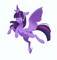 Size: 1950x2048 | Tagged: safe, artist:clockworkquartet, derpibooru import, twilight sparkle, twilight sparkle (alicorn), alicorn, pony, female, flying, mare, one eye closed, simple background, solo, spread wings, white background, wings