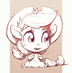 Size: 781x800 | Tagged: safe, artist:assasinmonkey, derpibooru import, applejack, earth pony, pony, big head, chibi, cowboy hat, female, hat, mare, monochrome, sketch, solo, stetson