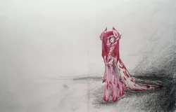 Size: 3388x2168 | Tagged: grimdark, artist:mysteriousshine, derpibooru import, pinkie pie, earth pony, pony, blood, bloodshot eyes, clothes, dress, evil grin, female, grin, mare, pinkamena diane pie, shrunken pupils, smiling, solo, traditional art