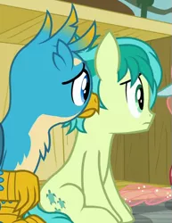 Size: 391x507 | Tagged: safe, derpibooru import, screencap, gallus, ocellus, sandbar, earth pony, pony, school daze, claws, cropped, cutie mark, male, offscreen character, teenager