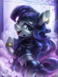 Size: 3000x4000 | Tagged: safe, artist:vanillaghosties, derpibooru import, coloratura, ponified, earth pony, pony, beautiful, bipedal, bracelet, butt, clothes, concept art, crossover, cute, female, jacket, jewelry, k/da, kai'sa, league of legends, looking at you, looking back, looking back at you, mare, midriff, open mouth, pants, plot, rarabetes, shirt, solo