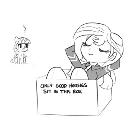 Size: 1280x1280 | Tagged: safe, artist:tjpones, derpibooru import, sunset shimmer, twilight sparkle, twilight sparkle (alicorn), alicorn, horse, pony, equestria girls, annoyed, box, cardboard box, cute, duo, eyes closed, female, frown, glare, grayscale, grumpy, jealous, leaning, mare, monochrome, simple background, sitting, smiling, smug, spread wings, twilight is not amused, unamused, white background, wings
