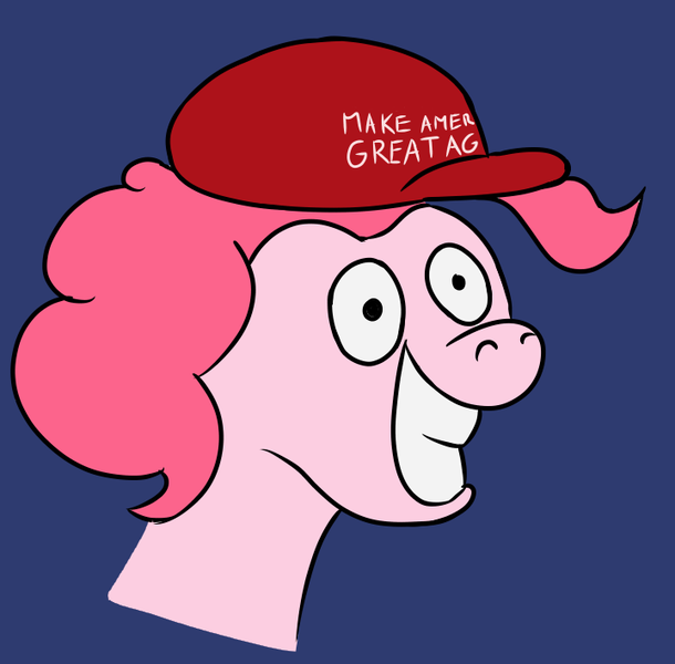 Size: 720x708 | Tagged: artist:jb, blue background, derpibooru import, donald trump, downvote bait, hat, maga hat, make america great again, mouthpiece, pinkie pie, politics, safe, simple background, smiling, trolling, wat