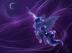 Size: 1024x755 | Tagged: safe, artist:falling-stars-1, derpibooru import, princess luna, pony, magic, moon, solo, space