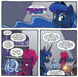 Size: 744x734 | Tagged: safe, artist:tonyfleecs, derpibooru import, idw, princess luna, stygian, tempest shadow, trixie, alicorn, pony, unicorn, nightmare knights, spoiler:comic, spoiler:comicnightmareknights02, comic, ethereal mane, female, male, mare, official comic, speech bubble, stallion, starry mane, title drop