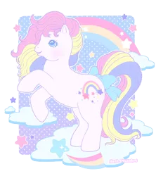 Size: 600x675 | Tagged: safe, artist:milkaron, derpibooru import, baby starbow, pony, baby, baby ponies, baby pony, bow, g1, rainbow, simple background, solo, tail bow, transparent background