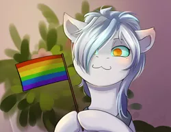 Size: 3208x2480 | Tagged: safe, artist:shiro-roo, derpibooru import, oc, unofficial characters only, pony, :3, bust, flag, gay pride, gay pride flag, hair over one eye, hoof hold, lgbt, portrait, pride, pride flag, smiling, solo