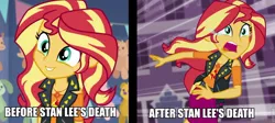 Size: 960x429 | Tagged: safe, derpibooru import, edit, edited screencap, screencap, sunset shimmer, equestria girls, equestria girls series, forgotten friendship, rollercoaster of friendship, before and after, caption, geode of empathy, image macro, magical geodes, marvel, stan lee, tasteless, text