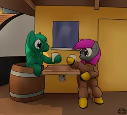 Size: 1891x1710 | Tagged: safe, artist:the-furry-railfan, derpibooru import, oc, oc:crash dive, oc:depth charge, unofficial characters only, merpony, pegasus, pony, barrel, boat, diving suit, food, mug, paddle tug, ship, sitting, story included, table, tea, tugboat