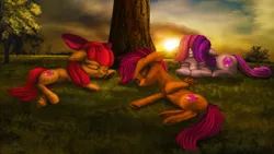 Size: 3840x2160 | Tagged: safe, artist:robsa990, derpibooru import, apple bloom, scootaloo, sweetie belle, earth pony, pegasus, pony, unicorn, cmc day, cutie mark crusaders, eyes closed, female, filly, grass, grass field, sleeping, sunset, tree, underhoof