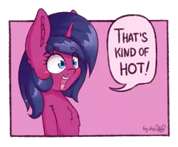 Size: 1126x928 | Tagged: safe, artist:dsp2003, derpibooru import, oc, oc:fizzy pop, unofficial characters only, pony, unicorn, blushing, bust, chest fluff, comic, female, mare, meme, open mouth, parody, ponified meme, portrait, signature, simple background, single panel, speech bubble, that's kind of hot, transparent background